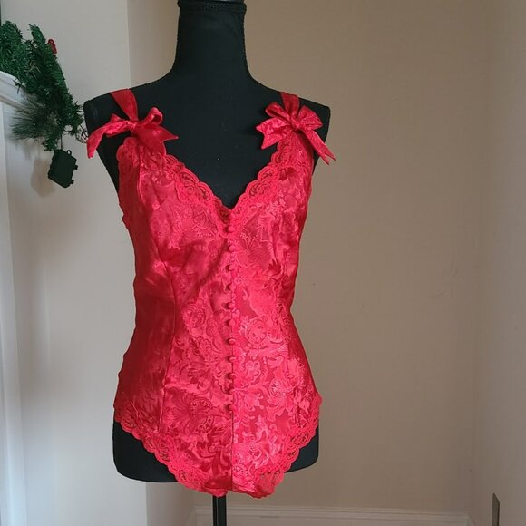 VTG Victoria’s Secret Gold Label Red Satin Jacquard Teddy M Lace Bows Holiday - Picture 3 of 12